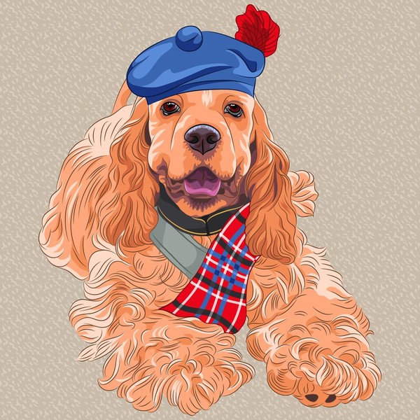 Portret uśmiechnietego psa Cocker spaniela anielskiego w szkockim Tam (Tam - szkockie nakrycie głowy).