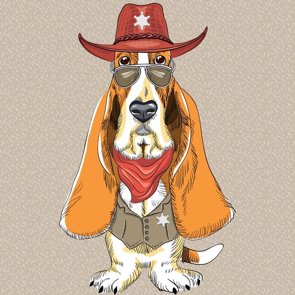 Portret psa rasy Basset Hound w roli szeryfa , ubrany w okulary, kapelusz i kamizelkę z gwiazdą.