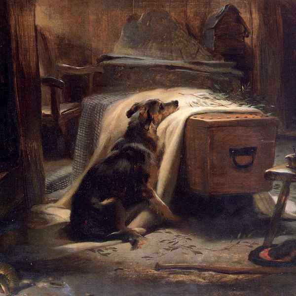 "Old Shepherd's Chief Mourner" autorstwa Landseera przedstawia owczarka w pozycji półleżacej, który być może oczekuje na