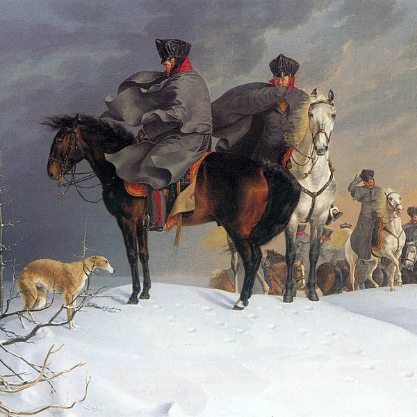 Dzieło Franza Krugera pt. "Prussian Cavalry Outpost in the Snow" z I poł. XIX wieku przedstawia pruskich kawalerzystów w