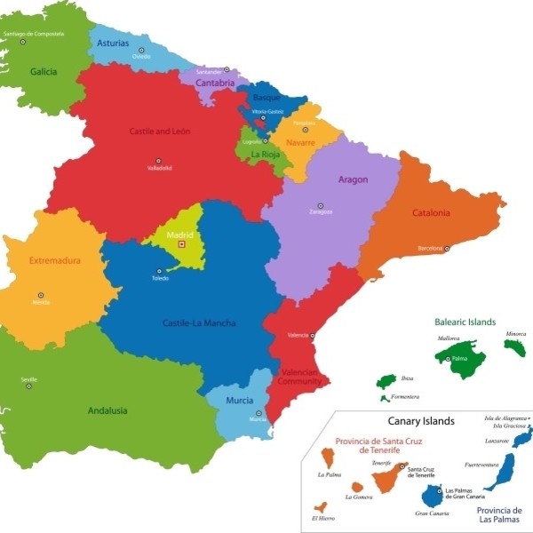 Kolorowa mapa Hiszpanii z regionów i głównych miast.