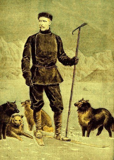 Ilustracja z 1897 roku a na niej Fridtjof Nansen z psami