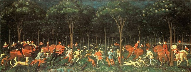 obraz sławnego malarza Paolo Uccello pt. Polowanie w lesie Obraz pt. Polowanie w lesie sławneo malarza Paolo Uccello
