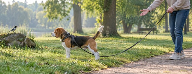 Beagle na smyczy nie reaguje na przywołanie opiekunki i obserwuje ptaka w parku.